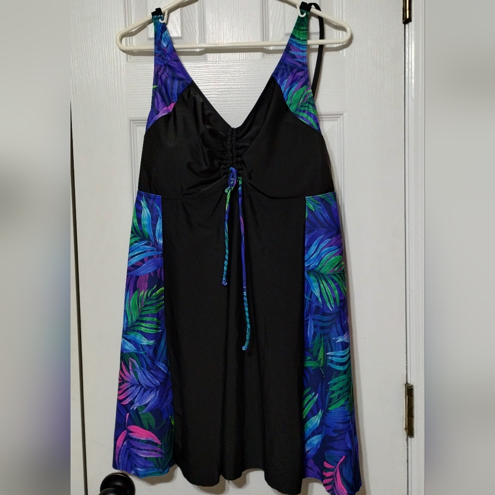 3XL Swim Dress Black Tropical Leaf Print Plus Size Adjustable Straps